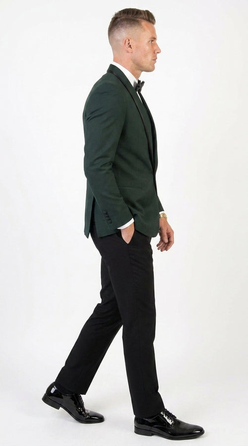 Men’s Hunter Green Shawl Lapel Tuxedo with Satin Trim, Formal Wedding Prom Dinner Suit