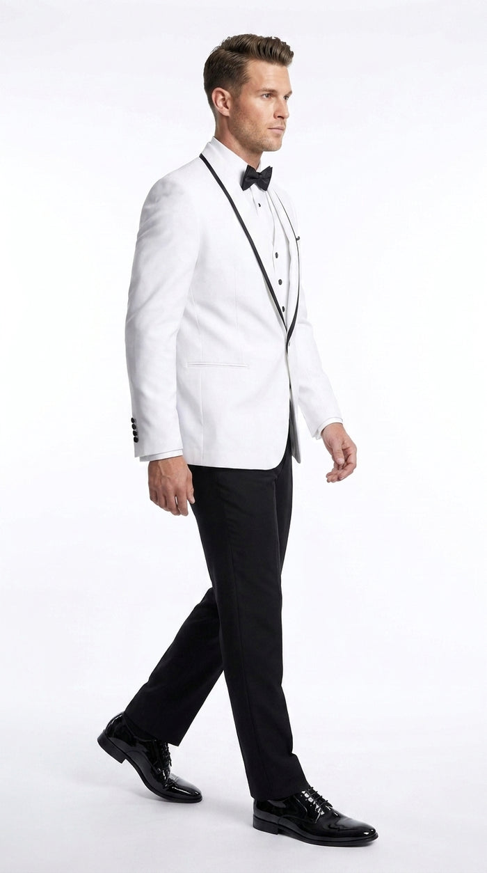 Men’s White and Black One Button Satin Trim Shawl Lapel Tuxedo for Wedding, Prom and Formal Events