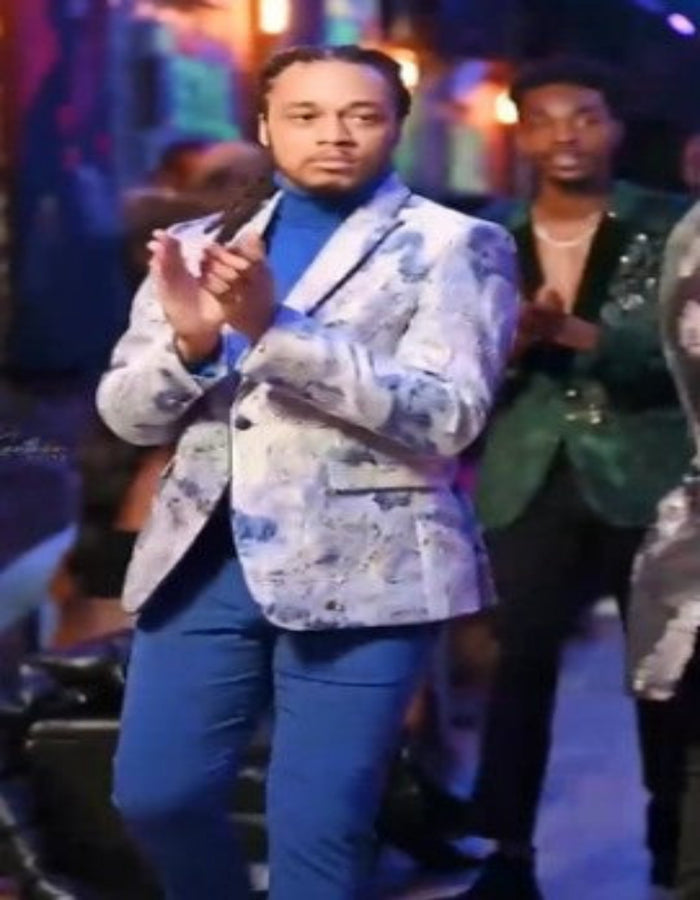 Silver Grey and Blue Paisley Tuxedo Dinner Jacket - White and Royal Floral Prom Blazer by USA Men's Outlet