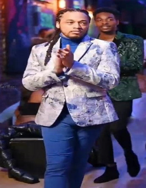 Silver Grey and Blue Paisley Tuxedo Dinner Jacket - White and Royal Floral Prom Blazer