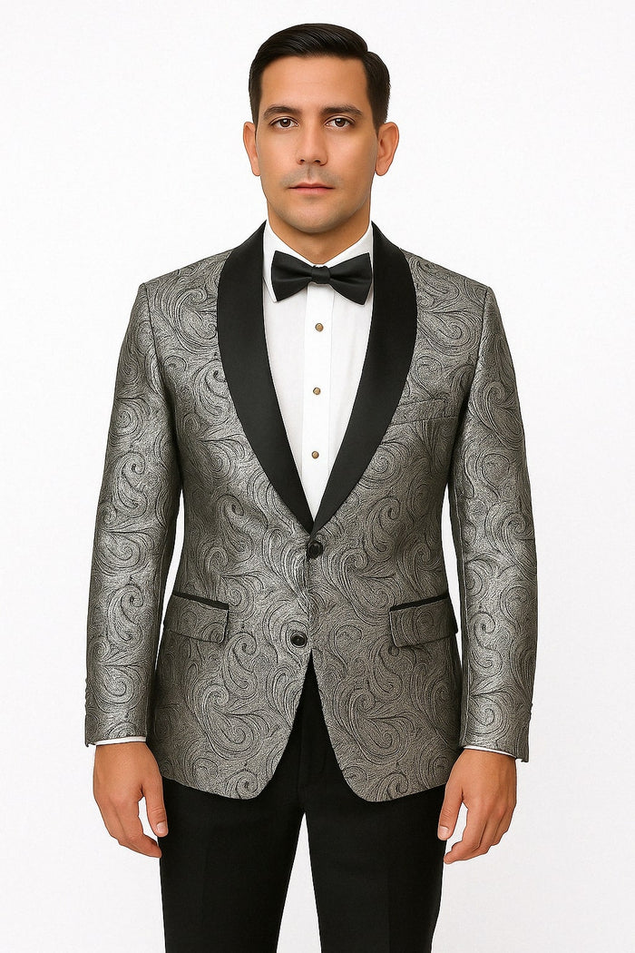 Silver and Black Tuxedo Blazer with Matching Bow Tie - Paisley Sport Coat For Prom or Wedding by USA Men's Outlet