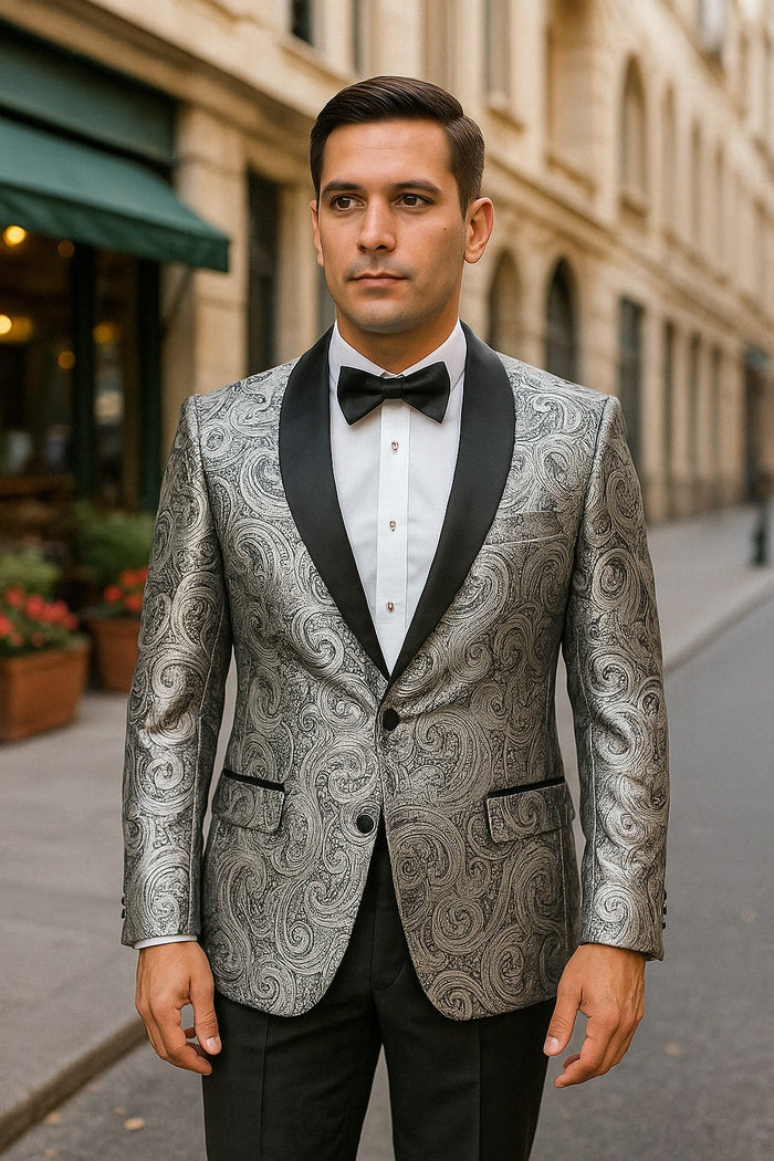 Silver and Black Tuxedo Blazer with Matching Bow Tie - Paisley Sport Coat For Prom or Wedding by USA Men's Outlet