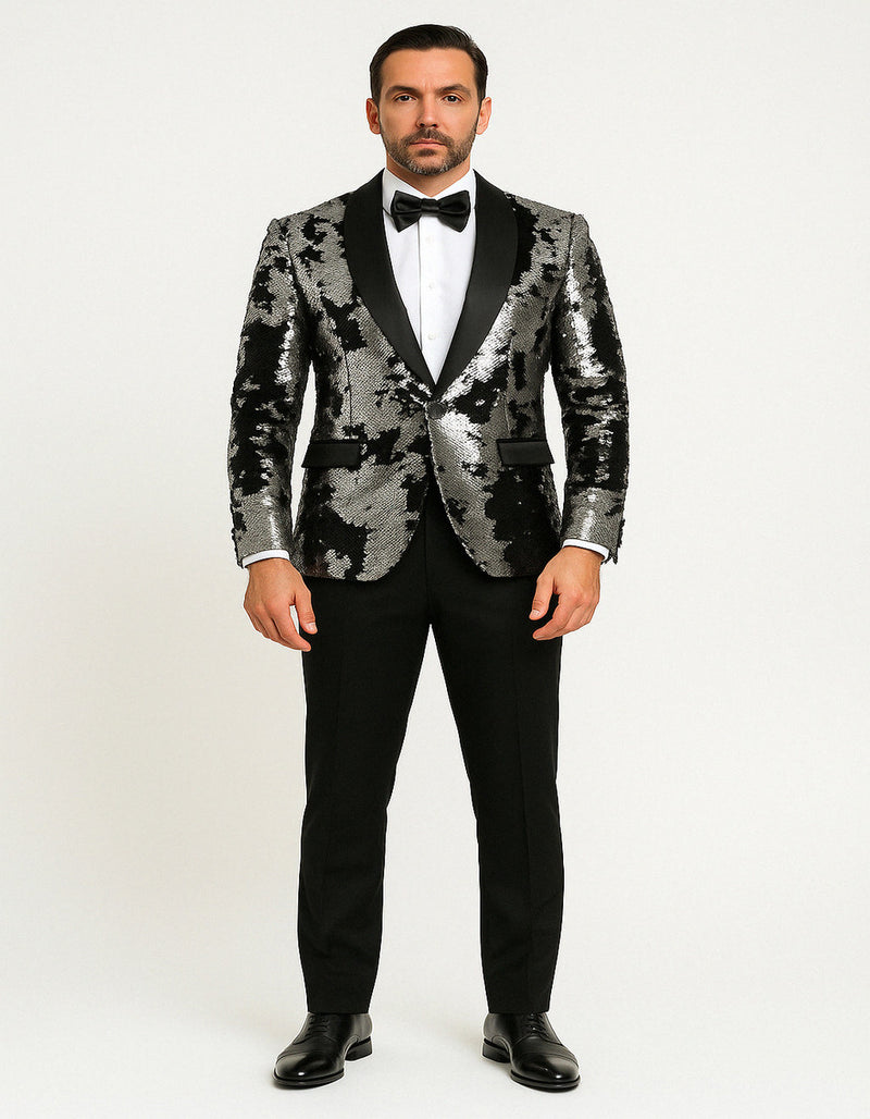 Men's Black and Silver Gray Sequin Tuxedo Blazer With Black Pants