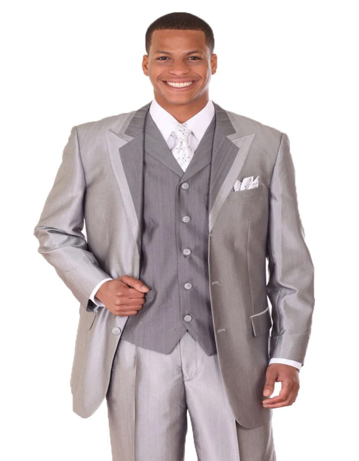 Pleated Dress Men Suits - Mens 3 Button Vested Wide Peak Lapel Two Tone Silver Grey Sharkskin Suit by Men's Tuxedo USA