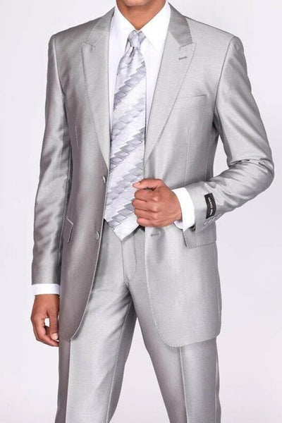 Mens 2 Button Peak Lapel Shiny Sharkskin Fabric Suit in Silver