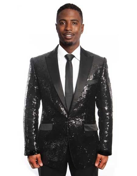 Sequin Blazer Mens Black/Black Lapel Sequin Tuxedo / Dinner Jacket Blazer Sport coat mensusain