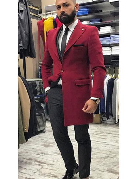 Men's Burgundy Buttons Closure Peak Lapel Besom Chest Pocket Jacket mensusain