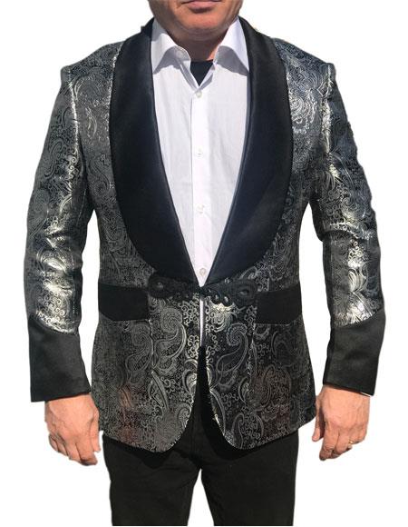 Alberto Nardoni Brand Mens's Shawl Collar Fancy Sharkskin Chinese Style Party Blazer in Silver Paisley - mensusain