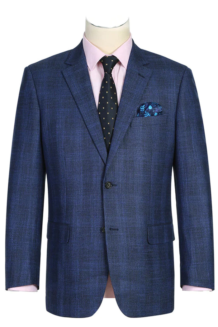 Mens Two Button Classic Fit Sport Coat Blazer in Navy Blue Windowpane Plaid by Renoirin