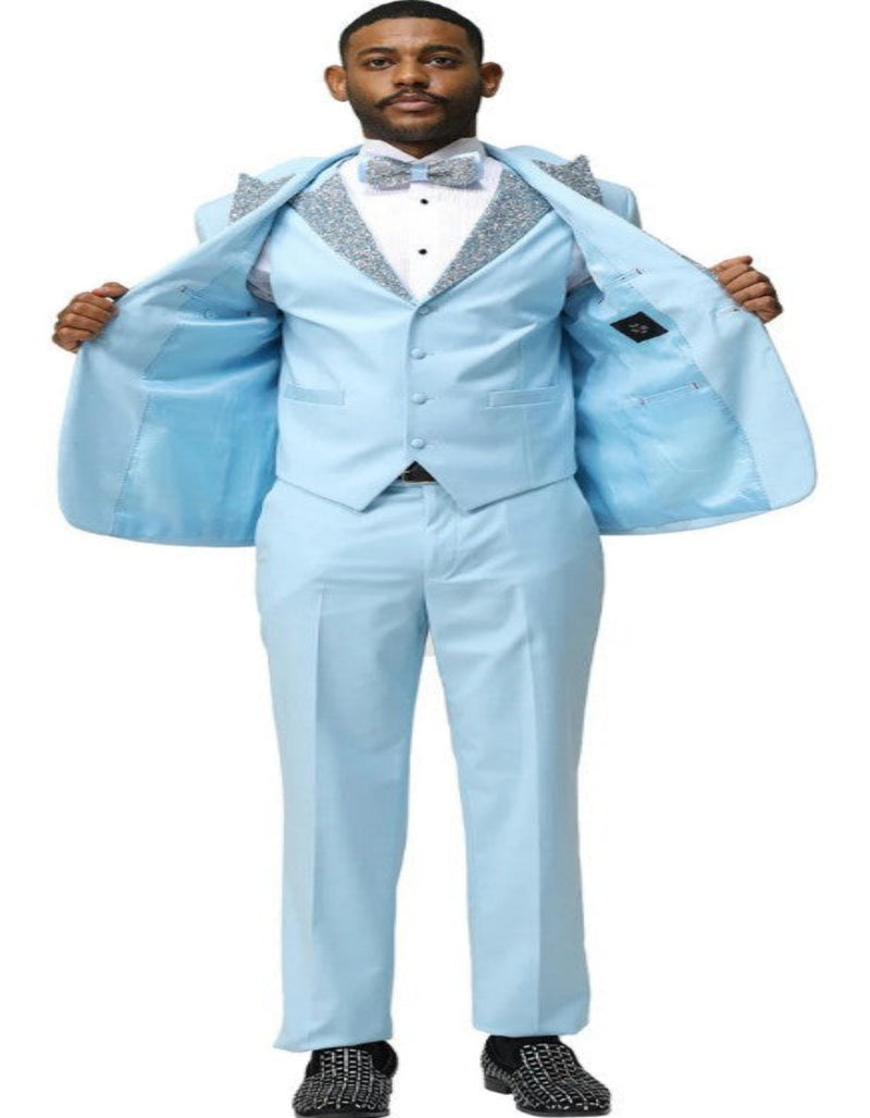 Sky Blue Prom Tuxedo - Perfect Wedding Suit Vested Rhinestone Lapelled