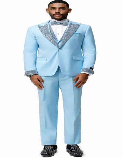 Sky Blue Prom Tuxedo - Perfect Wedding Suit Vested Rhinestone Lapelled by USA Men's Outlet