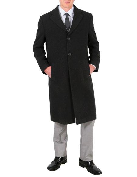 Men's Dress Coat Wool/Poly Charcoal Overcoat With Slanted Pockets by USA Men's Outlet