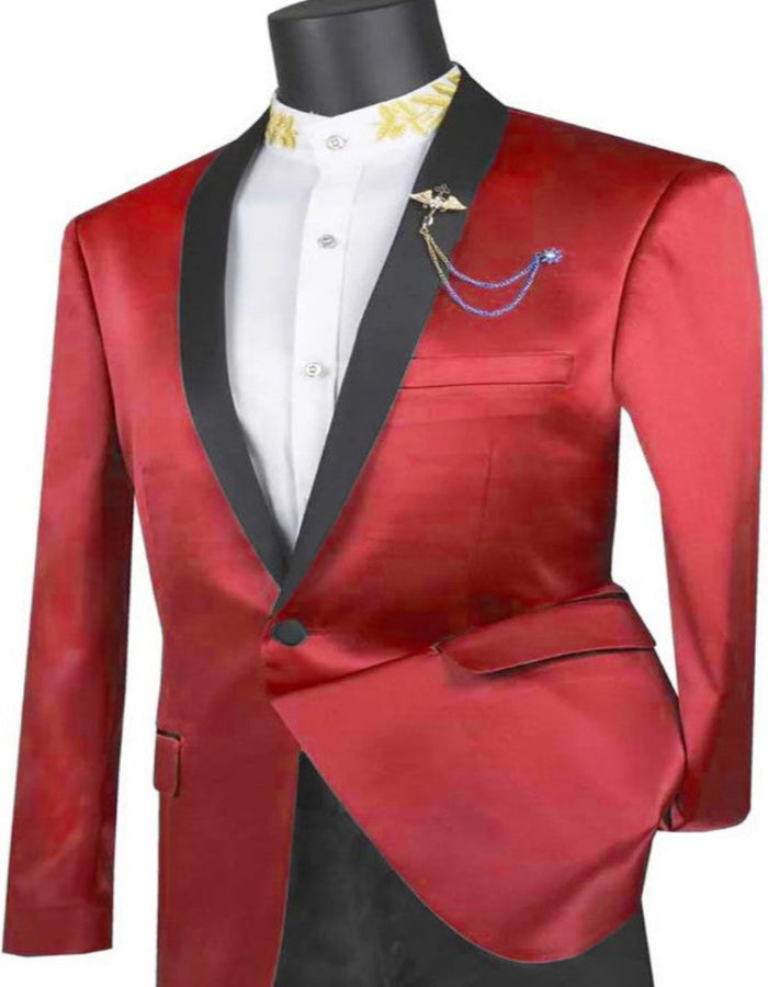 Mens Slim Fit One Button Shawl Label Shiny Satin Tuxedo Jacket in Red by Men's Tuxedo USA
