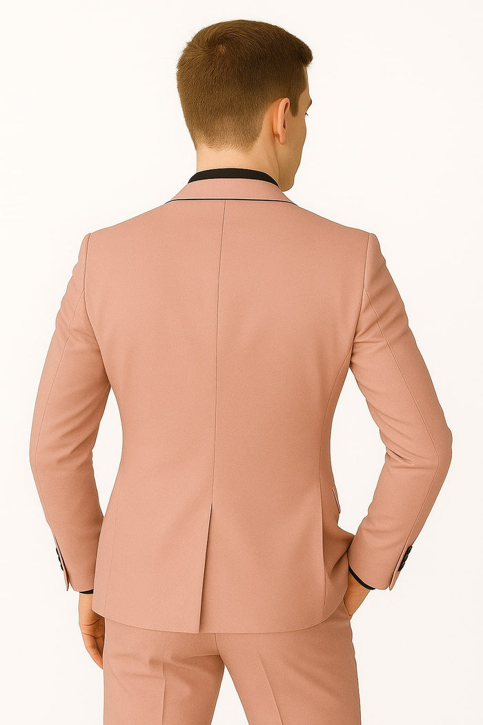 Mens Slim Fit Pink Tuxedo Suit with Black Trim - Modern Wedding and Prom Outfit in Rose Gold Blush Color by USA Men's Outlet