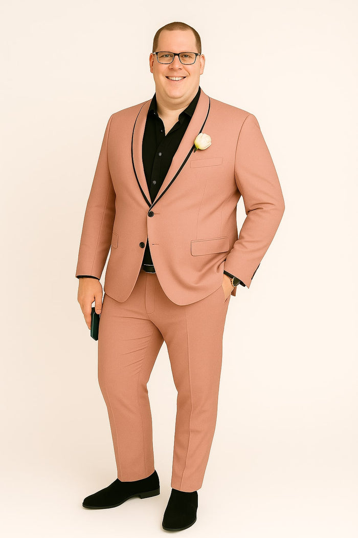 Mens Slim Fit Pink Tuxedo Suit with Black Trim - Modern Wedding and Prom Outfit in Rose Gold Blush Color by USA Men's Outlet