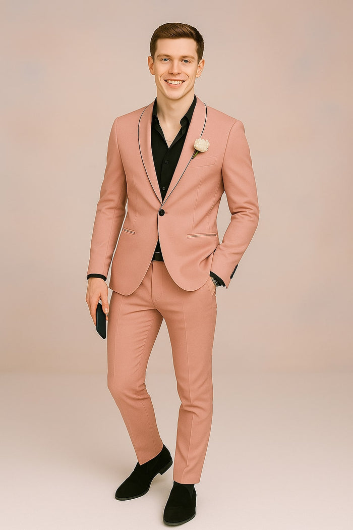 Mens Slim Fit Pink Tuxedo Suit with Black Trim - Modern Wedding and Prom Outfit in Rose Gold Blush Color by USA Men's Outlet