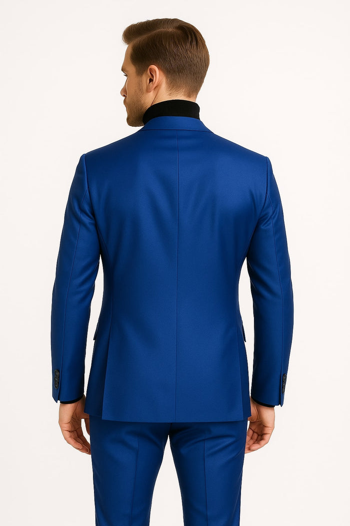 Men's Royal Blue Shiny Satin Suit - 2-Piece Slim Fit Tuxedo with Peak Lapel by USA Men's Outlet