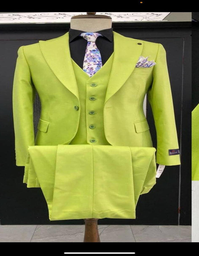 Men's Lime Green Three-Piece Suit with Floral Tie - Slim Fit Tuxedo for Weddings & Parties by USA Men's Outlet