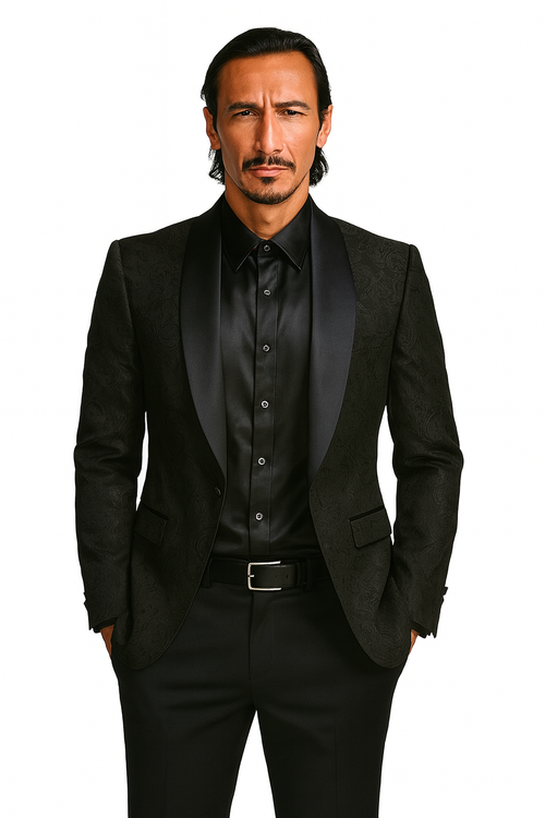 Black Prom Tuxedo Suit - Black Wedding Suit - Men's Slim Fit Wedding & Prom Tonal Paisley Tuxedo Jacket