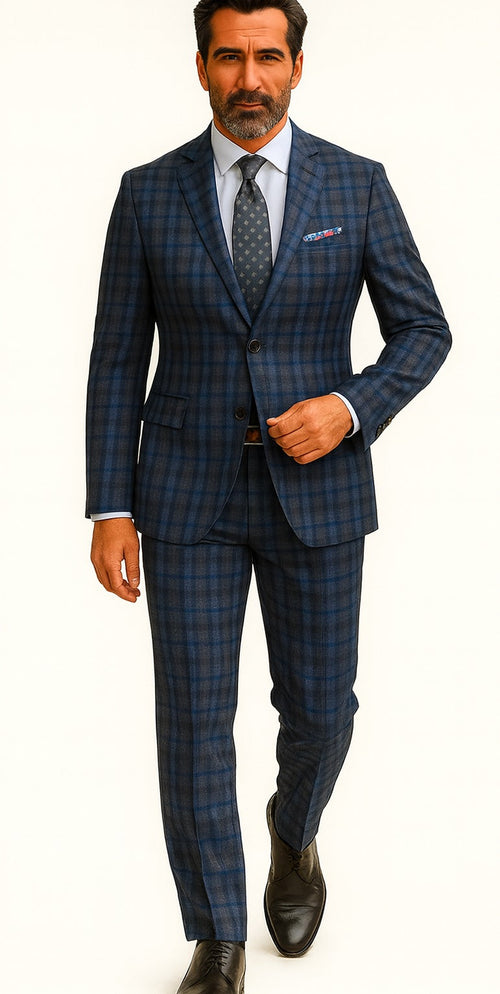 Slim Fit Wool Plaid Blazer - Renoir Navy & Grey Windowpane