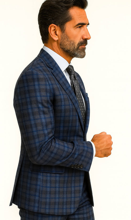 Slim Fit Wool Plaid Blazer - Renoir Navy & Grey Windowpane