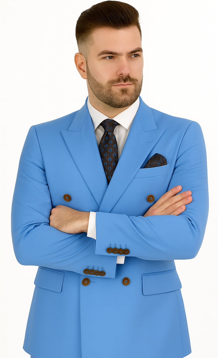 Slim Fitted Cut Mens Corn Flower Blue Double Breasted Blazers - Double Breasted Sport Coat mensusain