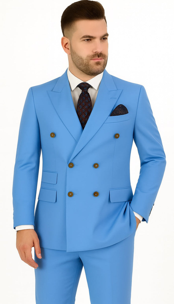 Slim Fitted Cut Mens Corn Flower Blue Double Breasted Blazers - Double Breasted Sport Coat mensusain