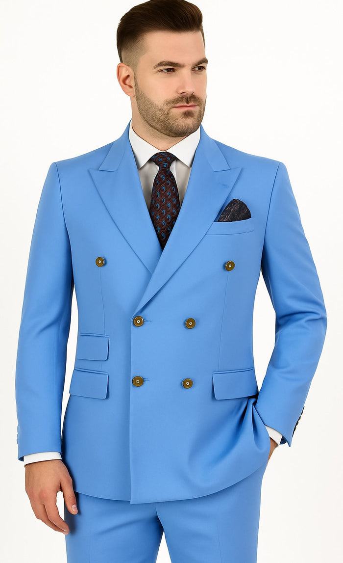 Slim Fitted Cut Mens Corn Flower Blue Double Breasted Blazers - Double Breasted Sport Coat mensusain