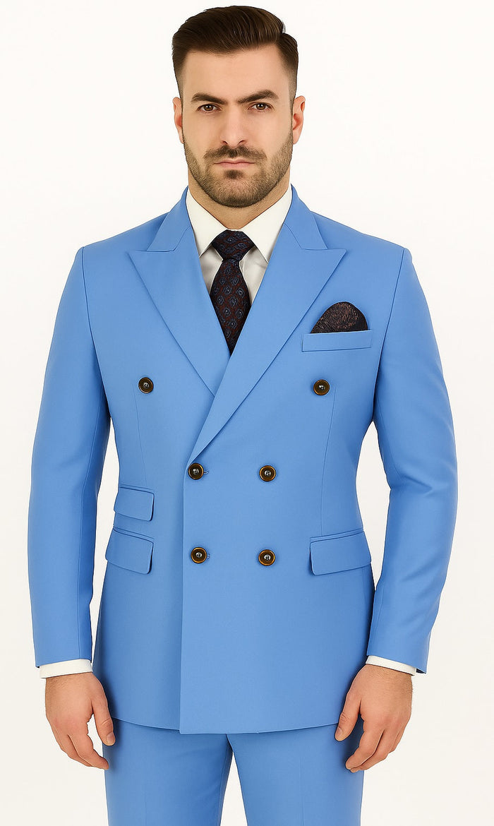 Slim Fitted Cut Mens Corn Flower Blue Double Breasted Blazers - Double Breasted Sport Coat mensusain