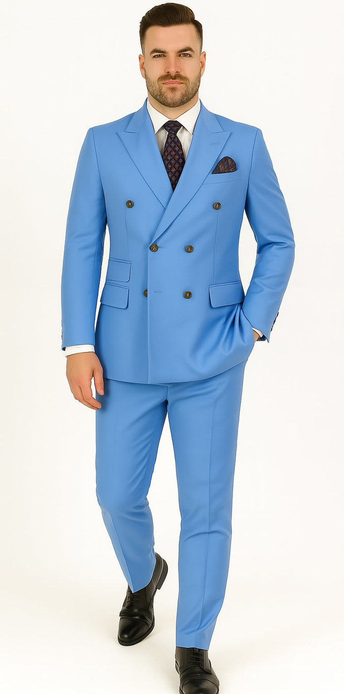 Slim Fitted Cut Mens Corn Flower Blue Double Breasted Blazers - Double Breasted Sport Coat mensusain