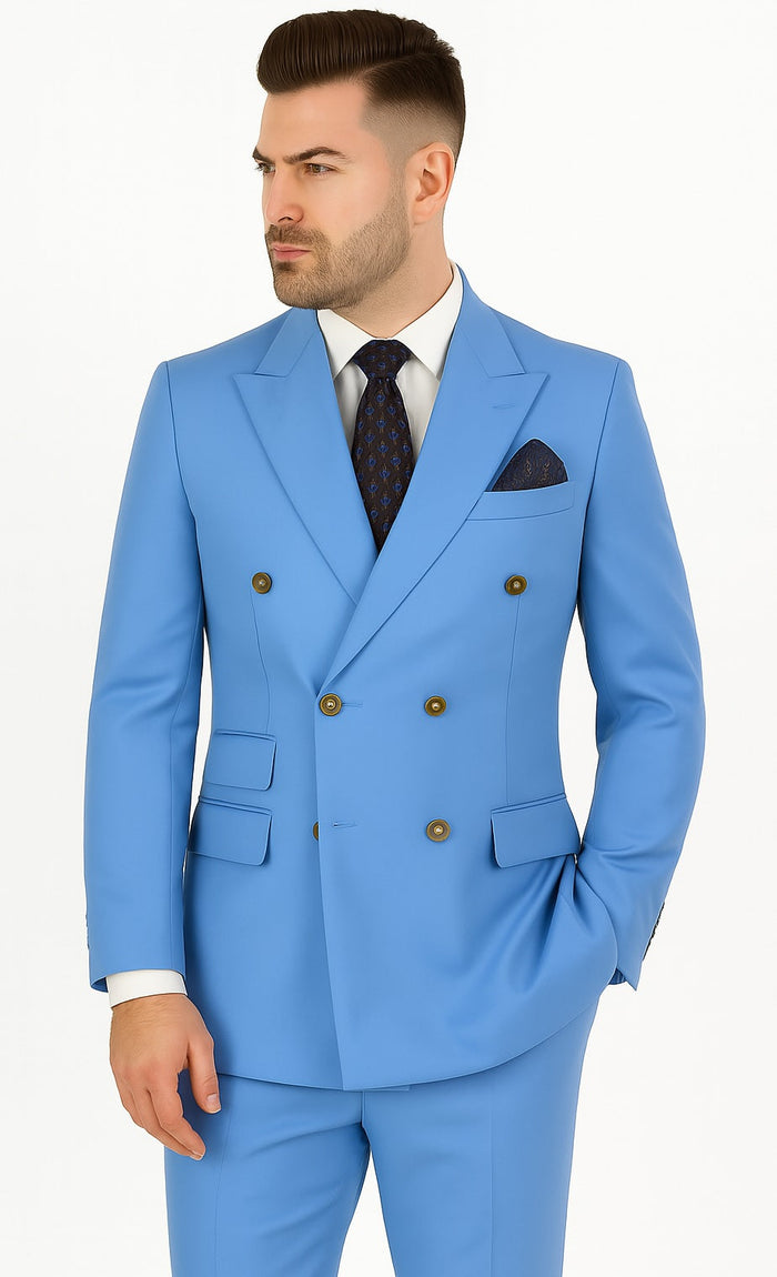 Slim Fitted Cut Mens Corn Flower Blue Double Breasted Blazers - Double Breasted Sport Coat mensusain