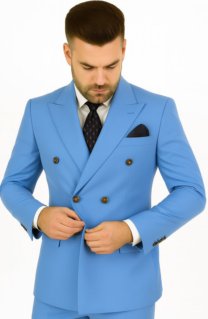 Slim Fitted Cut Mens Double Breasted Blazer - Blue Double Breasted Sport Coat