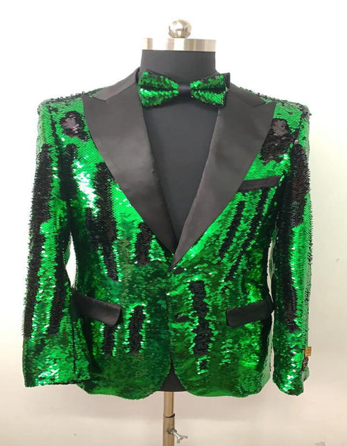 Men's Green Sequin Tuxedo Jacket with Black Satin Lapel and Bow Tie – Sparkling Party and Stage Blazer By Alberto Nardoni