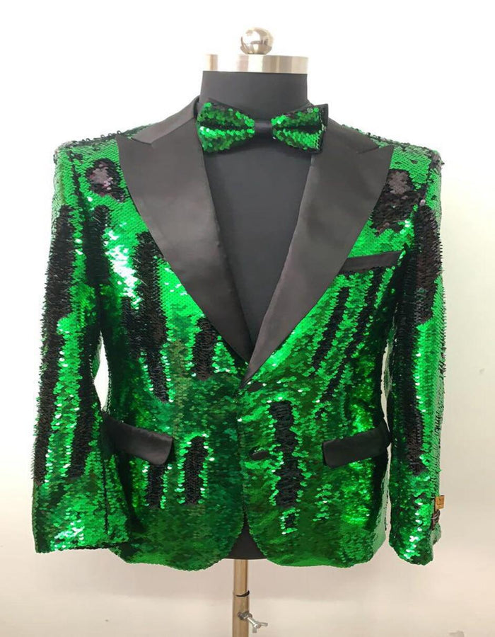 Men's Green Sequin Tuxedo Jacket with Black Satin Lapel and Bow Tie - Sparkling Party and Stage Blazer By Alberto Nardoni USA Men's Outlet