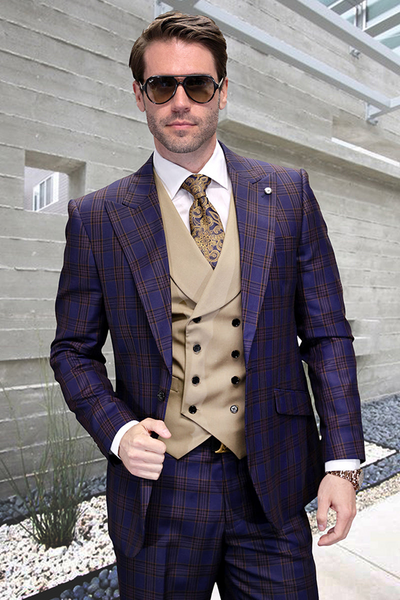 Men's Peak Lapel Wool Vested Suit in Sapphire Windowpane