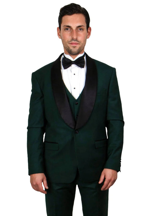 Green Prom Suit For Men - Men's Stacy Adams Vested One Button Shawl Lapel Hunter Green Tuxedo