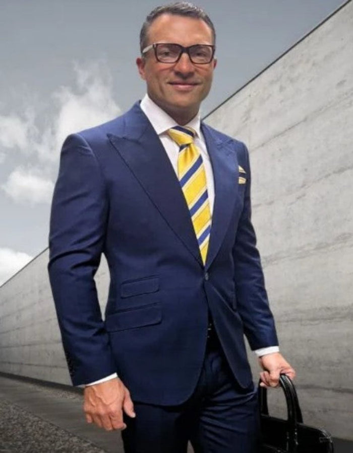 Statement Suits - Wool Suits - Peak Lapel Suits - Ticket Pocket - Modern Fit - Blue Suit by Men's Tuxedo USA