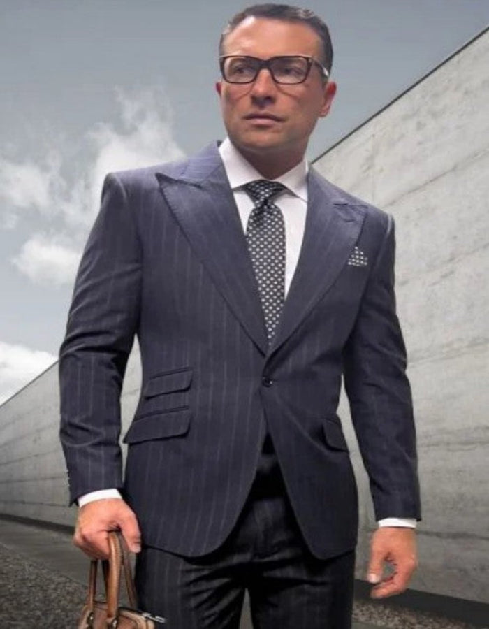 Statement Suits - Wool Suits - Peak Lapel Suits - Ticket Pocket - Modern Fit - Charcoal Stripe Suit by Men's Tuxedo USA