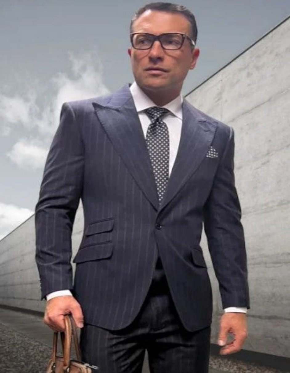 Statement Suits - Wool Suits - Peak Lapel Suits - Ticket Pocket - Modern Fit - Charcoal Stripe Suit by Men's Tuxedo USA