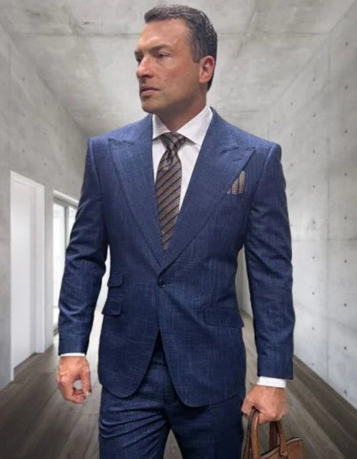 Statement Suits - Wool Suits - Peak Lapel Suits - Ticket Pocket - Modern Fit - Indigo Suit by Men's Tuxedo USA