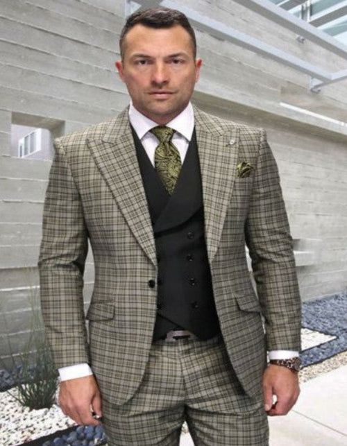 Statement Suits - Wool Suits - Peak Lapel Suits - Ticket Pocket - Modern Fit - Olive Suit by Men's Tuxedo USA