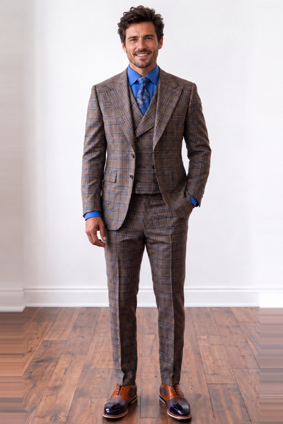 Statement Men's 3-Piece 100% Wool Tailored Fit Plaid Suit - Double Breasted Vest