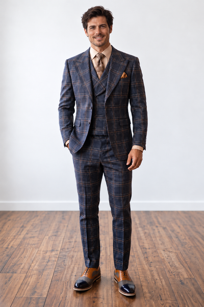 Statement Men's 3-Piece 100% Wool Tailored Fit Plaid Suit - Double Breasted Vest