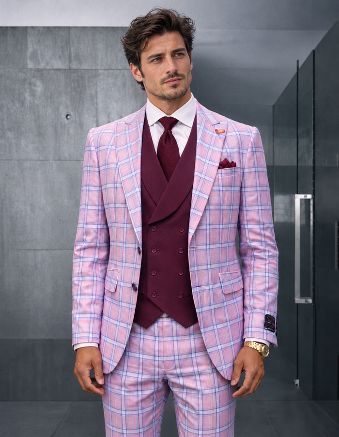 Statement Men's Wool Windowpane Suit Peak Lapel Tailored Fit Mauve Diego