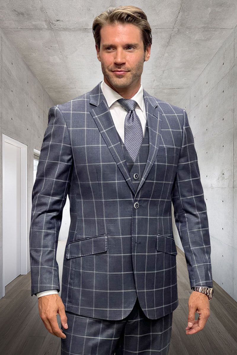 Men's Designer Two Button Vested Wool Windowpane Suit in Grey