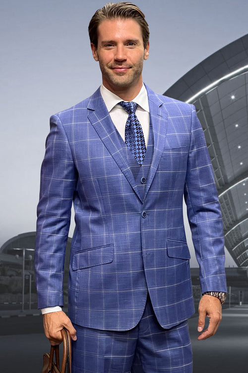 Men's Designer Two Button Vested Wool Windowpane Suit in Indigo Blue by Statement