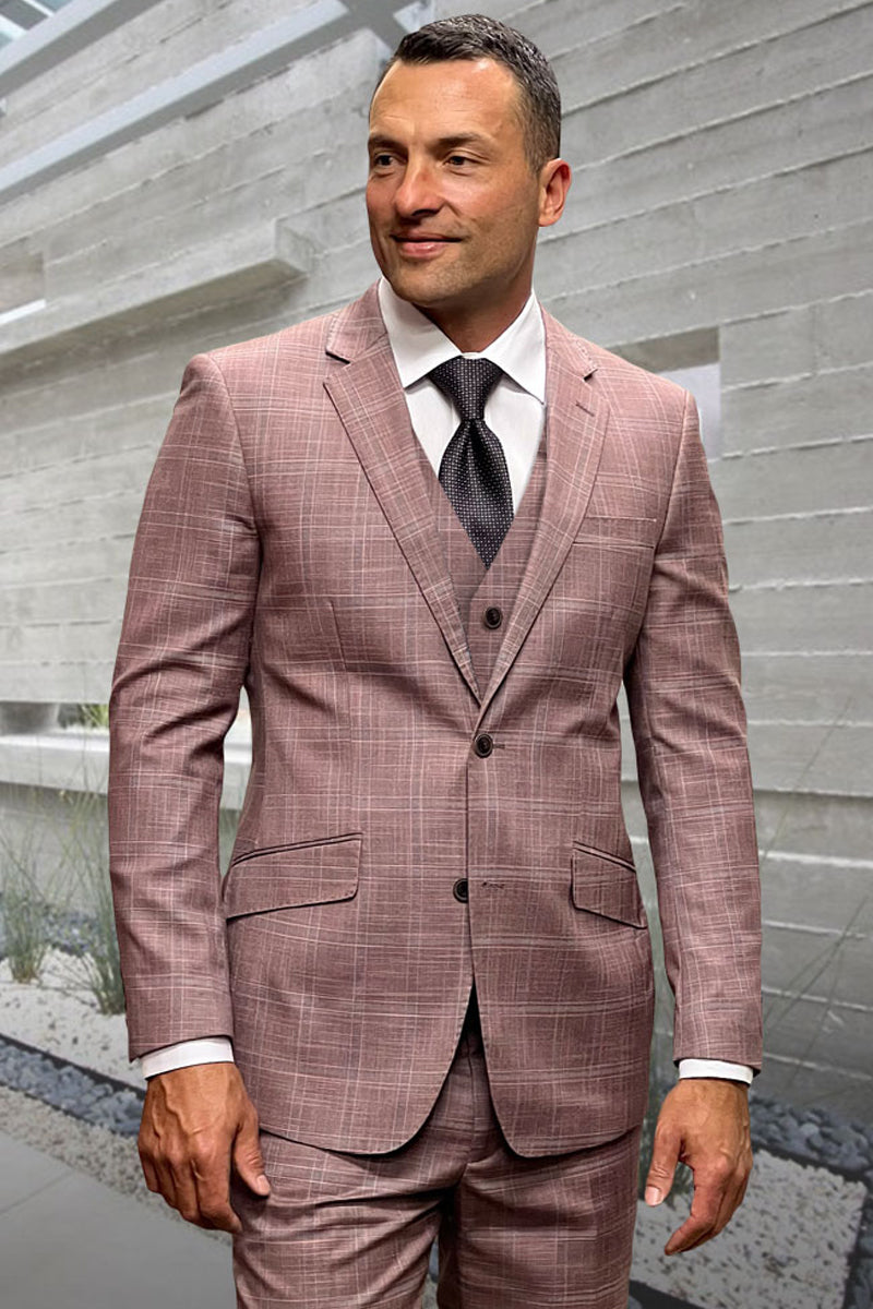Men's Designer Two Button Vested Wool Windowpane Suit in Mauve Pink