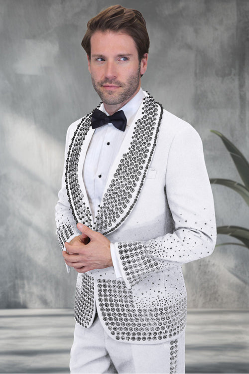 Men's Designer Black Flower Rhinestone Studded Prom & Wedding Tuxedo in White