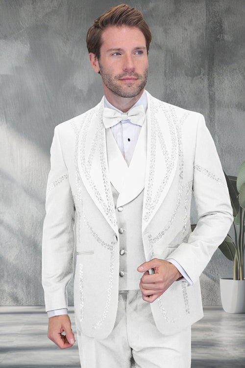Men's Designer Wool Shawl Lapel Vested Tuxedo with Rhinestones in White