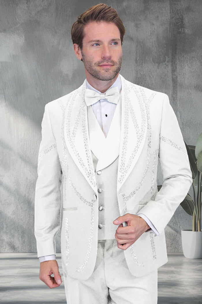 Men's Designer Wool Shawl Lapel Vested Tuxedo with Rhinestones in White